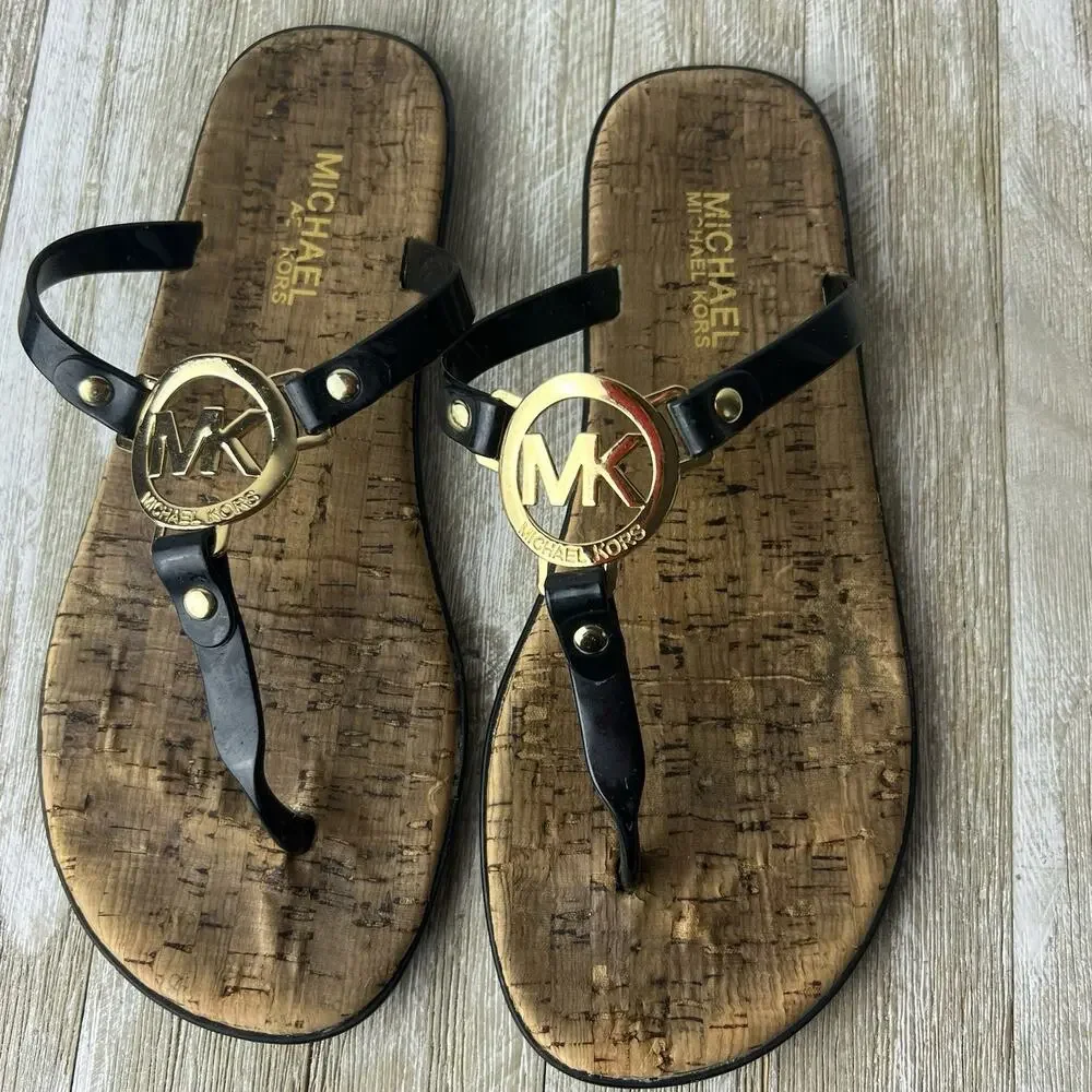 MICHAEL KORS Black Jelly Cork Thongs Flat Sandals Size 7 MK Gold Logo Flip Flops